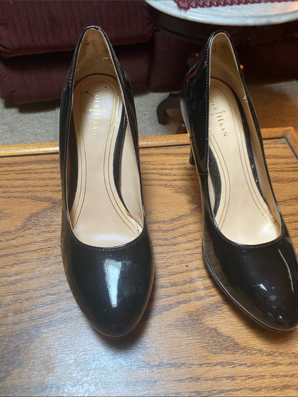 Size 7 Cole Haan Black Patent Leather Round-Toe Pumps.  3.5 heel
